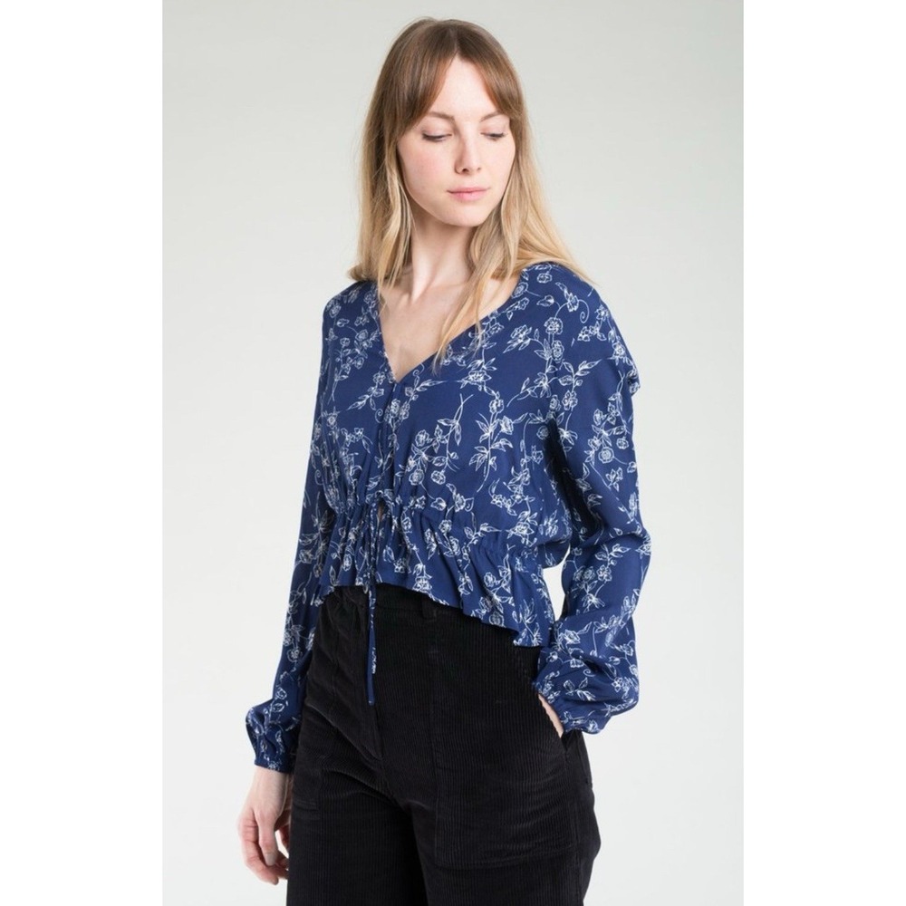 ROLLA'S Angie Dahlia Navy Floral Tie Front Long Sleeve Blouse Sz‎ M